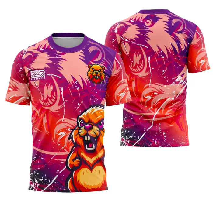 Camiseta unissex preta com logo no peito e estampa grande nas costas com tema Interclasse Castor, perfeita para eventos e uso casual, destaque para detalhes modernos.