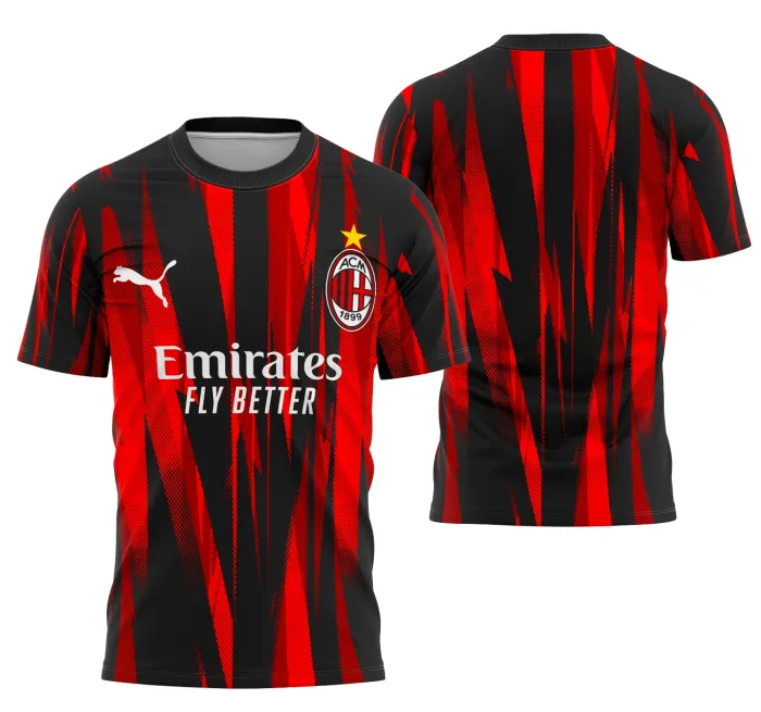 Camiseta unissex preta com logo no peito e estampa grande nas costas inspirada no conceito AC Milan 2025 da camisa interclasse, destacando charme e estilo esportivo moderno.