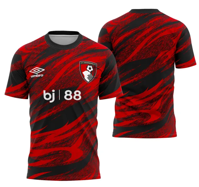 Camiseta unissex preta com logo no peito e estampa grande nas costas mostrando o conceito de Bournemouth, perfeita para uso casual e eventos esportivos.