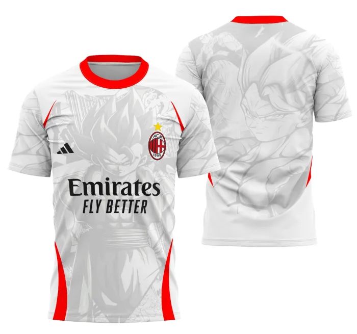Camiseta unissex preta com logo no peito e estampa grande nas costas, tema Interclasse Conceito Dragon Ball Z do Ac Milan, perfeita para fãs de futebol e anime.