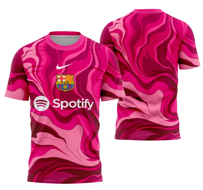 Camiseta unissex preta com logo no peito e estampa grande nas costas ilustrando o conceito de goleiro do Barcelona, design moderno e vibrante