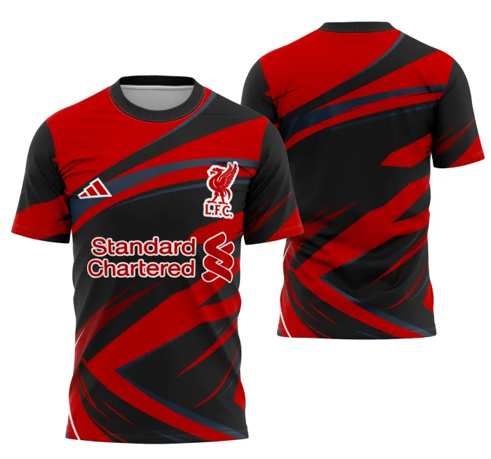 Foto de camiseta unissex preta com logo no peito e estampa grande nas costas com tema Interclasse Conceito Liverpool Não Oficial, ideal para fãs buscando estilo e autenticidade.