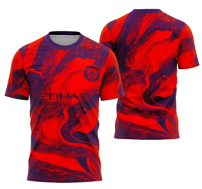 Camiseta unissex preta com logo no peito e estampa grande nas costas com tema Interclasse Conceito de Manchester City, perfeita para fãs do futebol e estilo casual.