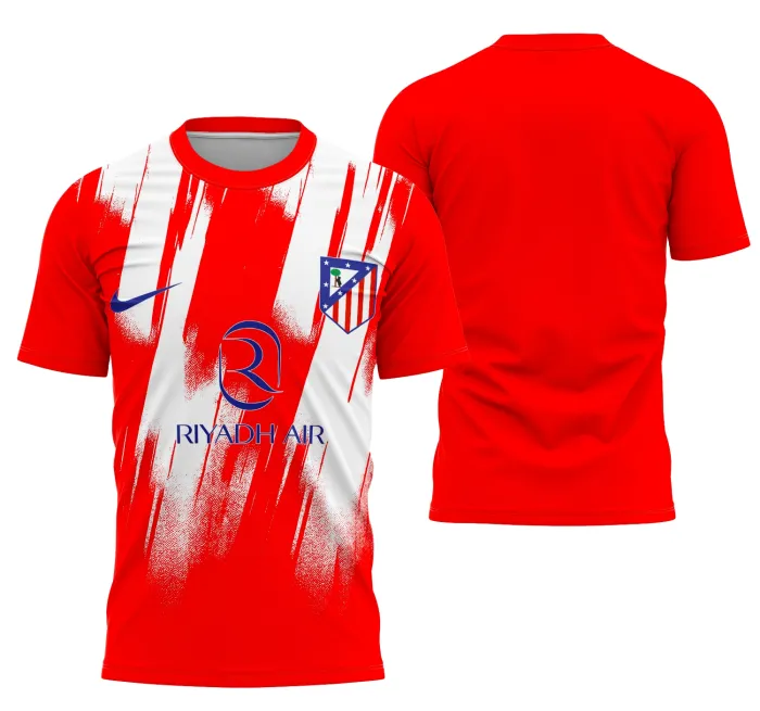 Camiseta unissex preta com logo no peito e estampa grande nas costas inspirada no Atlético de Madrid, ideal para fãs que querem estilo e conforto em eventos ou uso diário.