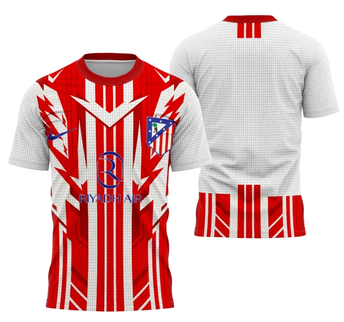 Camiseta unissex preta com logo no peito e estampa grande nas costas do conceito interclasse do Atlético De Madrid, ideal para torcedores que buscam estilo e conforto.