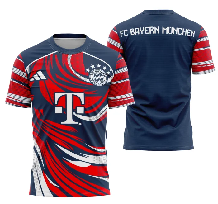 Camiseta unissex preta com logo no peito e estampa grande nas costas destacando o conceito do Bayern de Munique 2025, ideal para fãs e eventos temáticos.