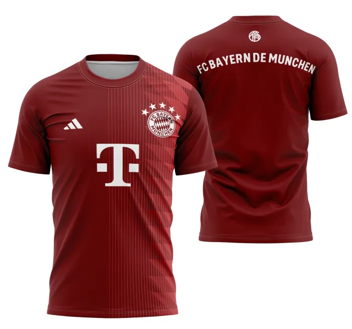 Camiseta unissex preta com logo no peito e estampa grande nas costas inspirada no conceito do Bayern de Munique, ideal para quem curte futebol e estilo moderno.