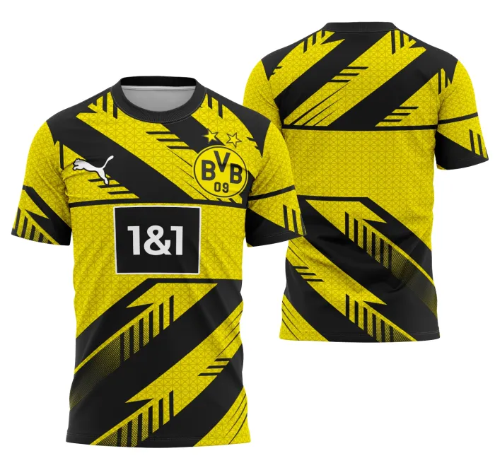 Camiseta unissex preta com logo no peito e estampa grande nas costas inspirada no Conceito Borussia Dortmund 2025, mostrando design moderno e vibrante para fãs do clube.