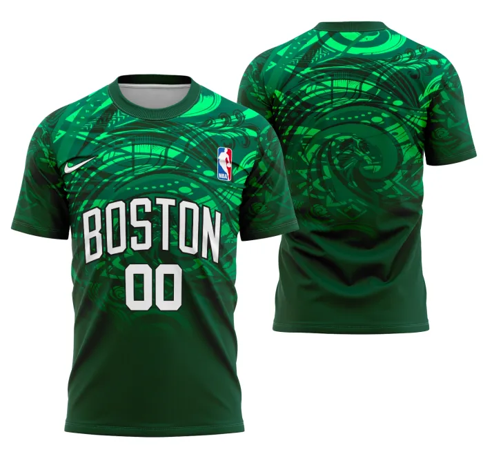 Camiseta unissex preta com logo no peito e estampa grande nas costas inspirada no conceito do Boston Celtics, ideal para eventos interclasse e torcida vibrante.