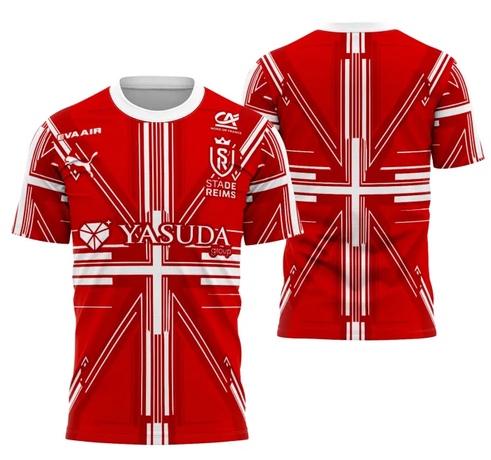 Camiseta unissex preta com logo no peito e estampa grande nas costas inspirada no conceito do Estádio de Reims, design moderno e vibrante para fãs do futebol interclasse.