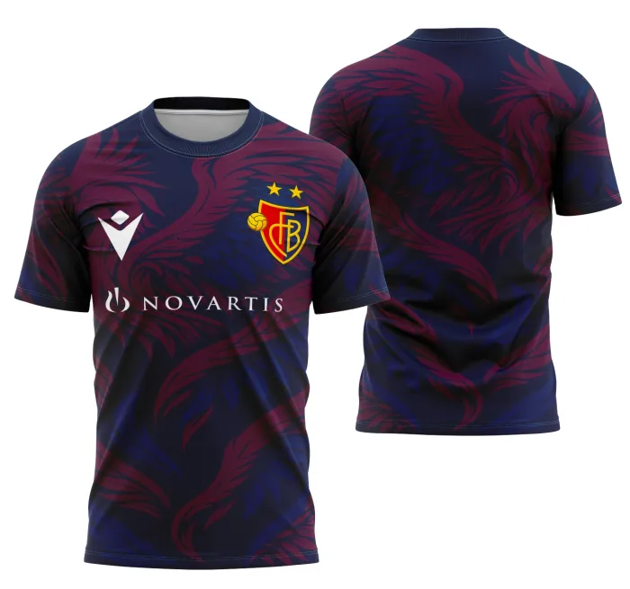 Camiseta unissex preta com logo no peito e estampa grande nas costas, destacando o conceito do Fc Basileia em design moderno e esportivo.