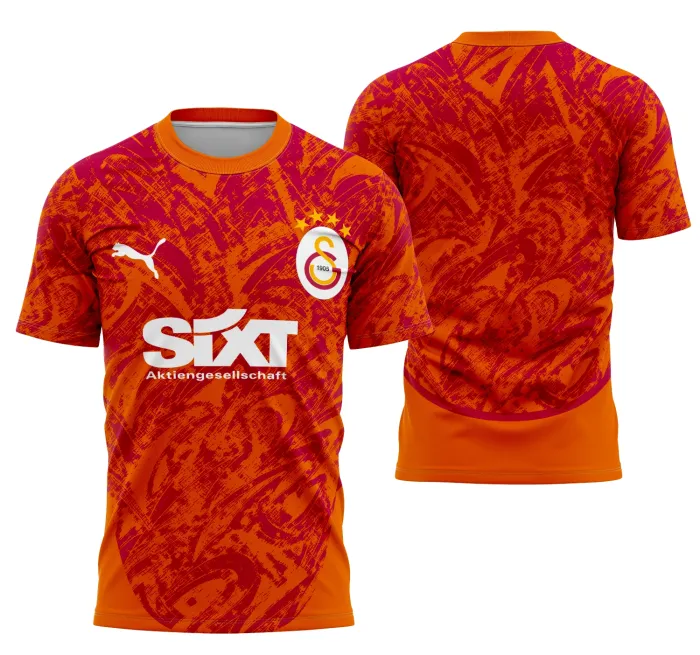 Camiseta unissex preta com logo no peito e estampa grande nas costas com o tema Interclasse Conceito do Galatasaray, perfeita para fãs e eventos esportivos.