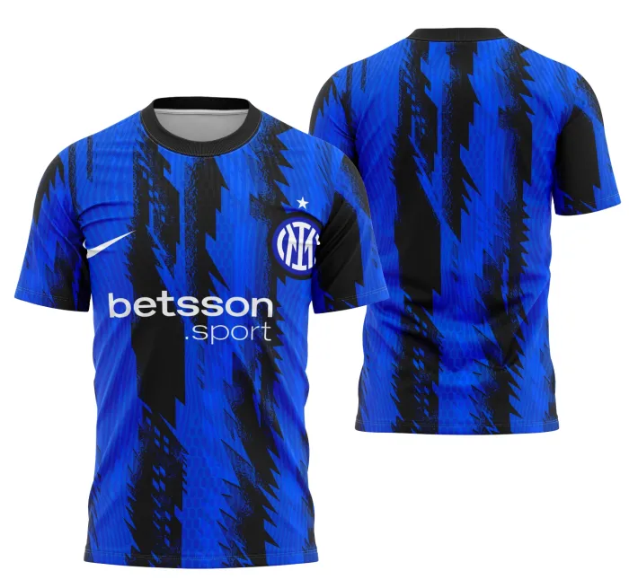 Camiseta unissex preta com logo no peito e estampa grande nas costas relacionada ao conceito do Inter de Milão, ideal para fãs e eventos escolares