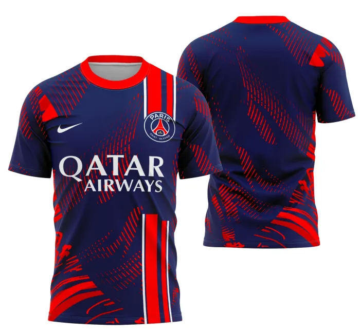 Camiseta unissex branca com logo no peito e estampa grande nas costas do conceito do Paris Saint-Germain, trazendo estilo e identidade para fãs e torcedores do clube.