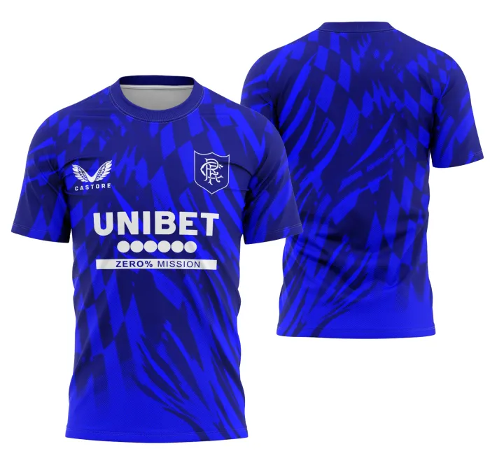 Camiseta unissex preta com logo no peito e estampa grande nas costas do conceito Rangers Fc, em estilo moderno e com visual marcante.