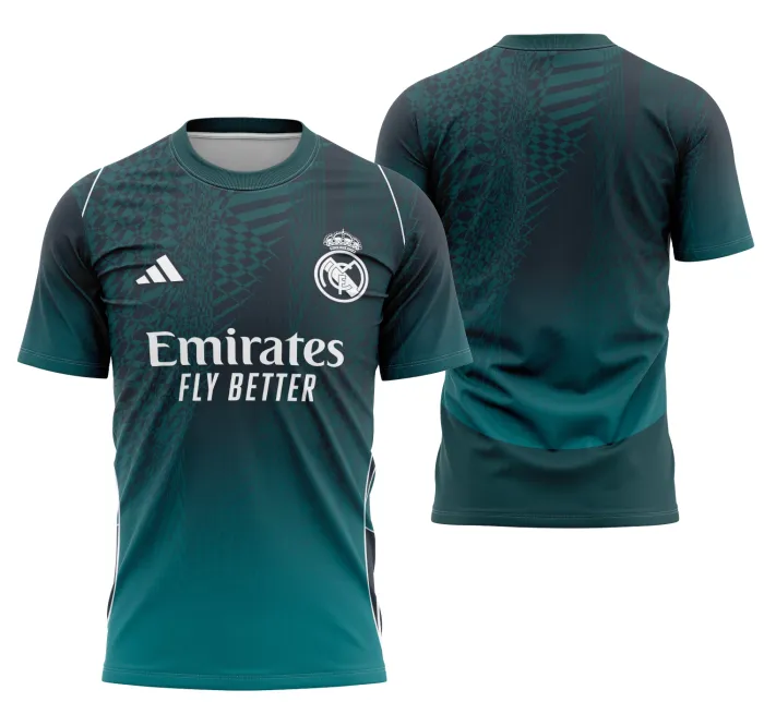Foto de camiseta unissex preta com logo no peito e estampa grande nas costas do tema Interclasse Conceito Real Madrid, ideal para fãs do time com estilo moderno e marcante.