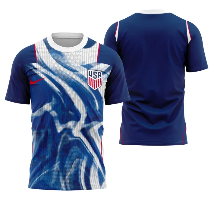 Camiseta preta unissex com logo no peito e estampa grande nas costas exibindo o conceito do terceiro kit dos EUA 2026, ideal para fãs de futebol e colecionadores.