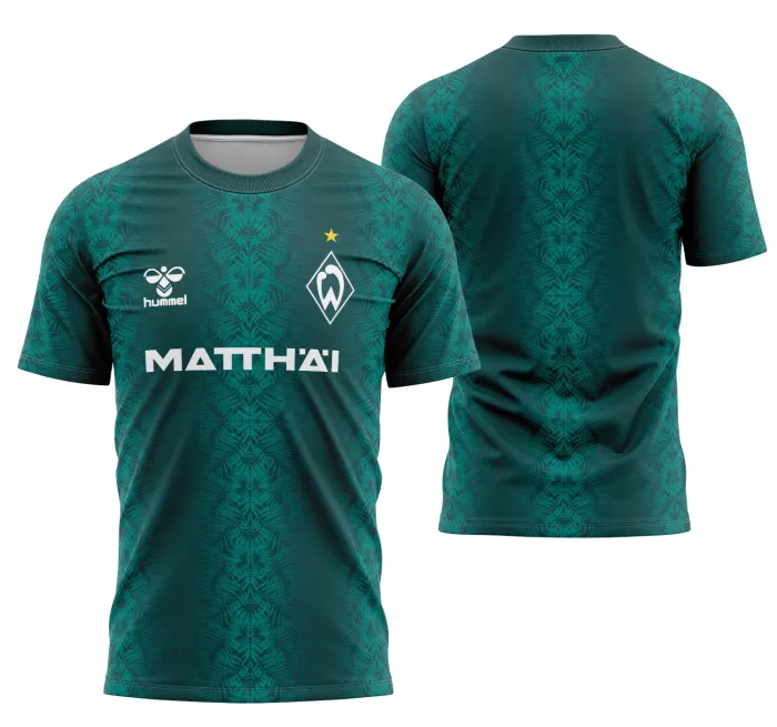 Camiseta unissex branca com logo no peito e estampa grande nas costas com tema do Interclasse Conceito Do Werder Bremen, ideal para eventos e estilo urbano.