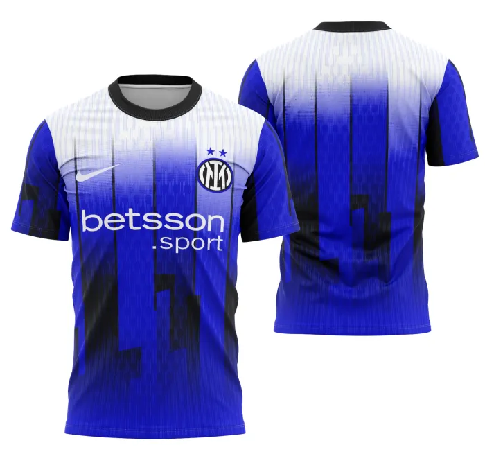 Camiseta unissex preta com logo no peito e estampa grande nas costas, tema Interclasse Conceito Inter de Milão 2025, design moderno e esportivo, ideal para fãs de futebol.