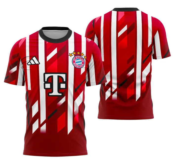 Camiseta unissex preta com logo no peito e estampa grande nas costas mostrando o conceito não oficial do Bayern de Munique, estilo moderno e marcante para fãs do futebol.