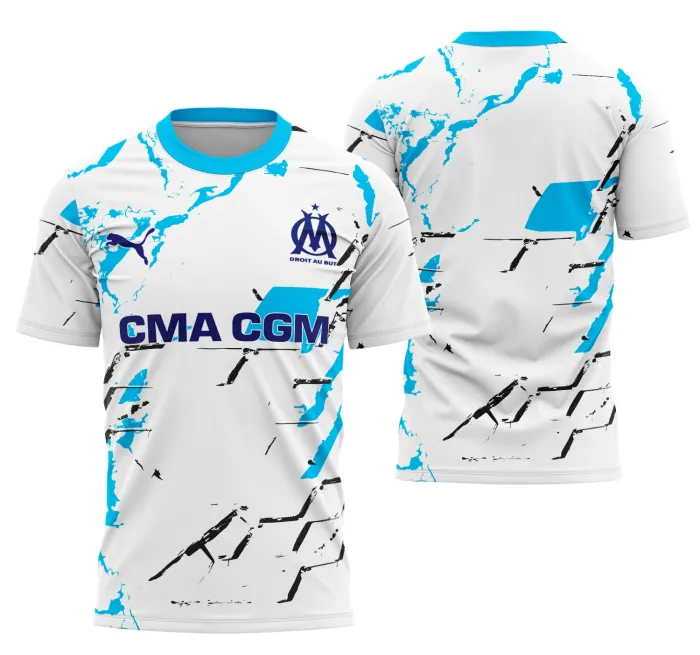 Camiseta unissex branca com logo no peito e estampa grande nas costas do Interclasse conceito Olympique De Marselha 2025, moderna e estilosa para fãs e torcida.