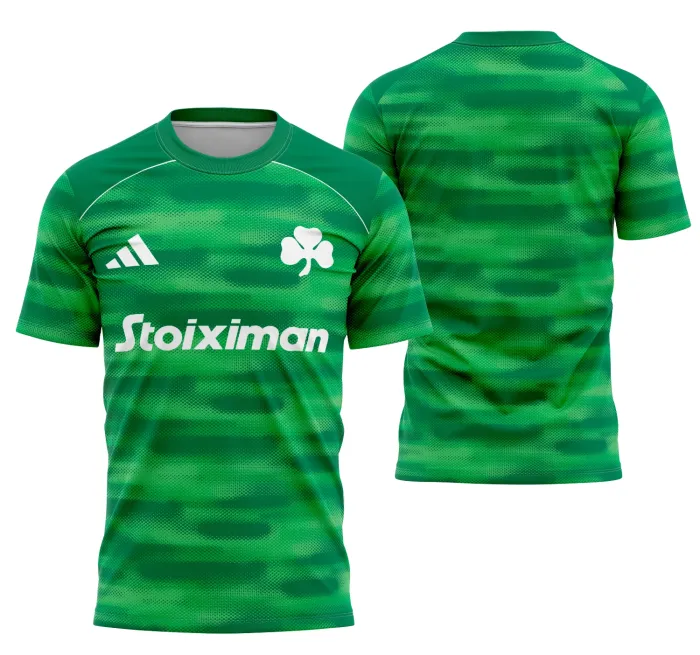 Camiseta unissex preta com logo no peito e estampa grande nas costas, inspirada no conceito Panathinaikos, perfeita para eventos interclasse com estilo marcante.