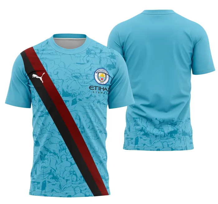Camiseta unissex branca com logo no peito e estampa grande nas costas inspirada na Copa do Mundo de Clubes Manchester City, ideal para fãs e eventos esportivos.