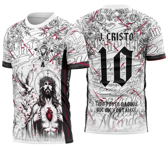 Camiseta unissex preta com logo no peito e estampa grande nas costas, design inspirado em Interclasse Cristo, ideal para eventos religiosos.