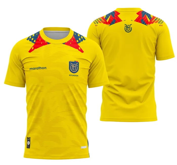 Camiseta unissex preta com logo no peito e estampa grande nas costas do tema Interclasse Equador Feminino 2024, destacando cores vibrantes e design moderno para eventos esportivos ou escolares.