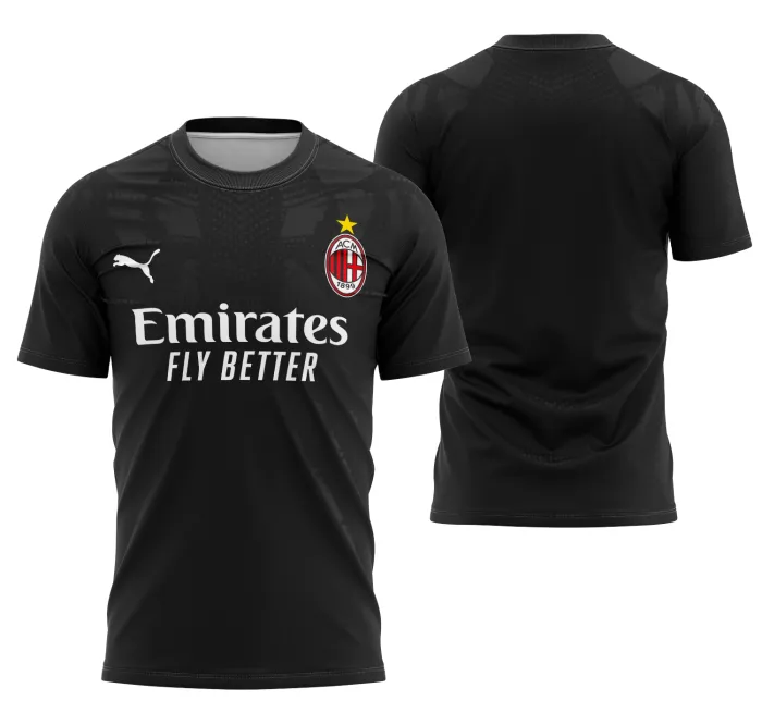 Camiseta unissex preta com logo no peito e estampa grande nas costas do tema Interclasse Equipamento Guarda-Redes Puma 2024-2025, ideal para torcedores e atletas.