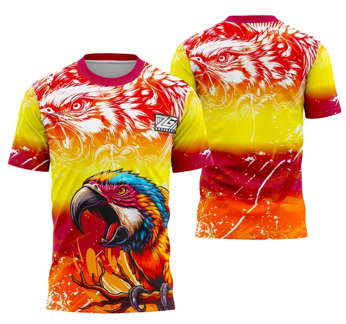 Camiseta unissex preta com logo no peito e estampa grande nas costas da equipe Arara, design moderno e vibrante ideal para eventos interclasse.