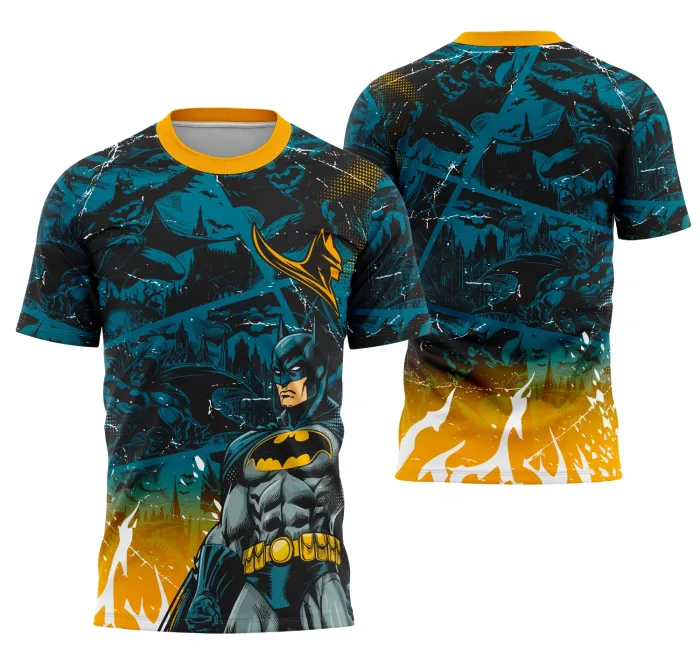 Camiseta unissex preta com logo no peito e estampa grande nas costas da equipe Batman, ideal para camisa de time Interclasse, conforto e estilo garantidos.