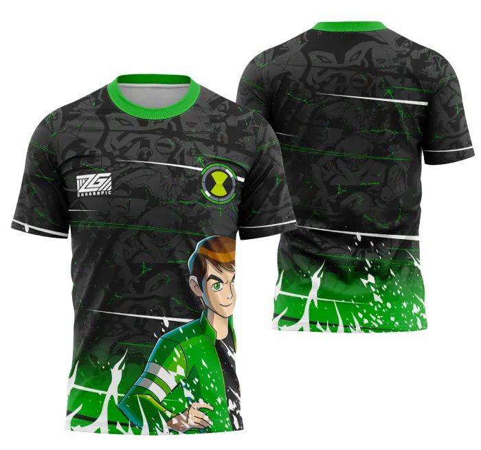 Camiseta unissex preta com logo no peito e estampa grande nas costas da Equipe Ben 10, ideal para usar em torneios e eventos esportivos com visual moderno e vibrante.