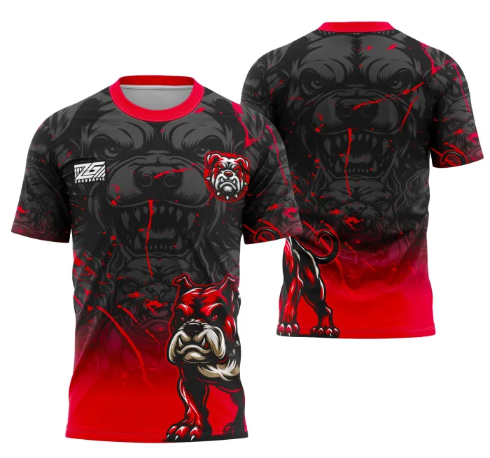Camiseta unissex preta com logo no peito e estampa grande nas costas da equipe Bull Dog para Interclasse, ideal para times e eventos esportivos.