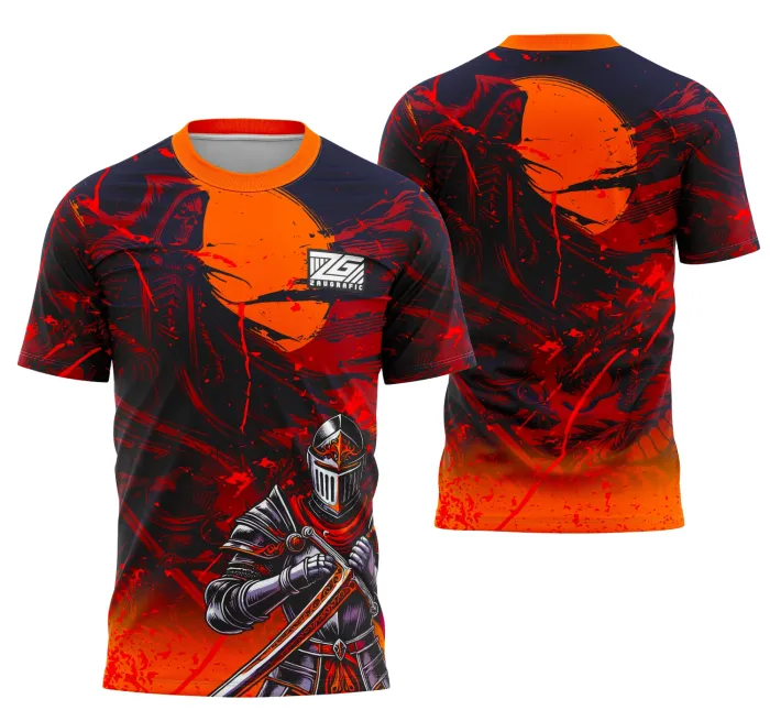 Camiseta unissex preta com logo no peito e estampa grande nas costas mostrando cavaleiro medieval estilizado para equipe interclasse, ideal para eventos e times escolares.