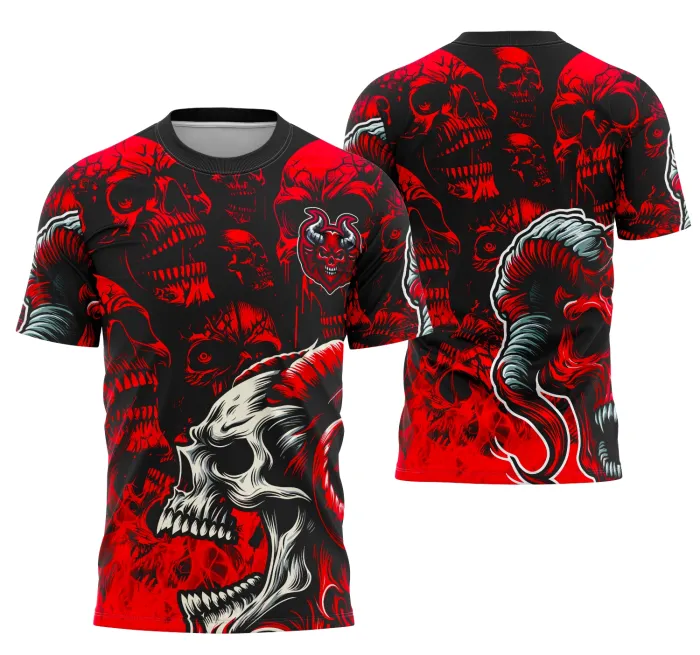 Camiseta unissex preta com logo no peito e estampa grande nas costas com tema Interclasse Equipe Demônio, visual moderno e impactante para fãs do time.