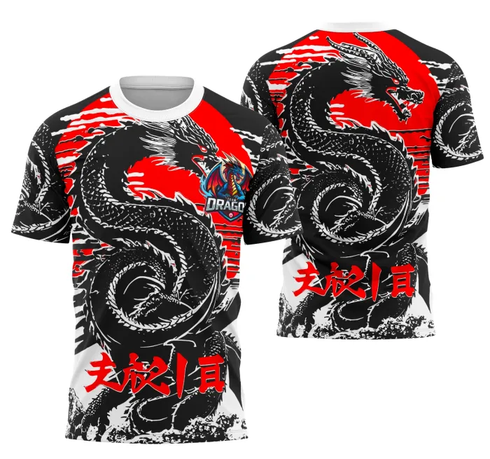 Camiseta unissex preta com logo no peito e estampa grande nas costas da equipe Dragão Interclasse, design moderno e vibrante, perfeita para torcedores e participantes.