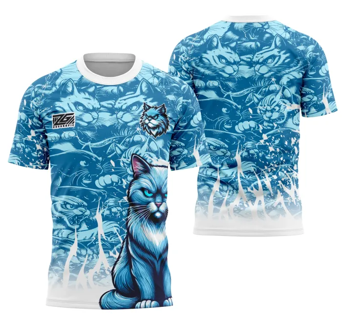 Camiseta unissex preta com logo no peito e estampa grande nas costas inspirada na equipe Gato, ideal para times de interclasse com design marcante e moderno.