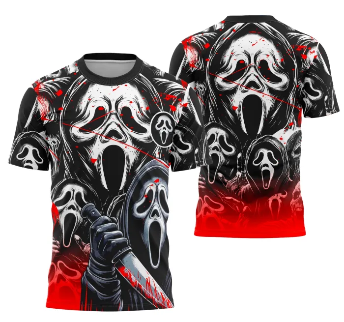 Camiseta unissex preta com logo no peito e estampa grande nas costas da Equipe Ghostface, ideal para Interclasse, estilo marcante e moderno.