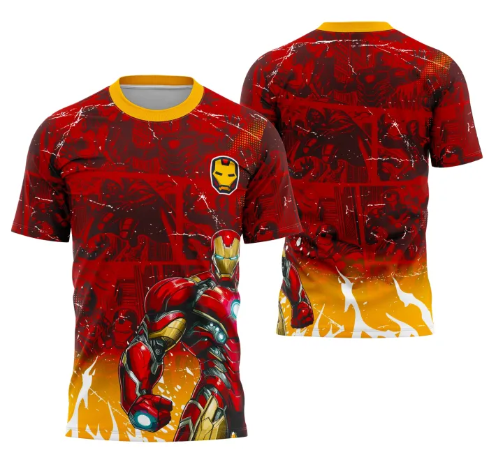 Camiseta unissex preta com logo no peito e estampa grande nas costas, tema Interclasse Equipe Homem De Ferro, design moderno e vibrante.