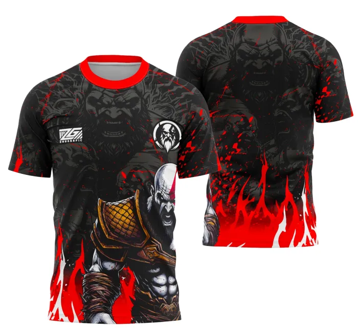 Camiseta unissex preta com logo no peito e estampa grande nas costas da equipe Kratos do Interclasse, destacando união e força para eventos e times.