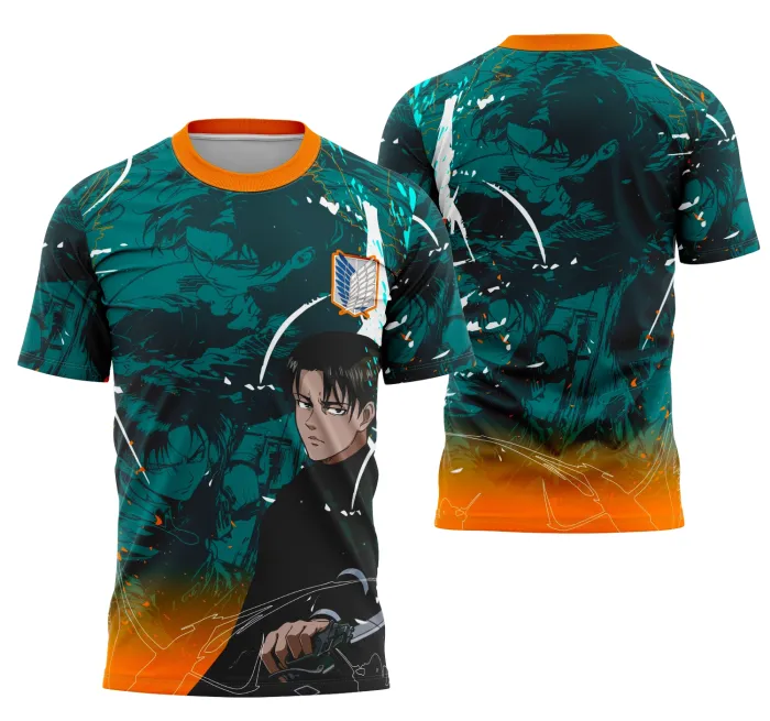 Camiseta unissex preta com logo no peito e estampa grande nas costas, temática Interclasse Equipe Levi Ackerman, design moderno e estiloso para fãs.