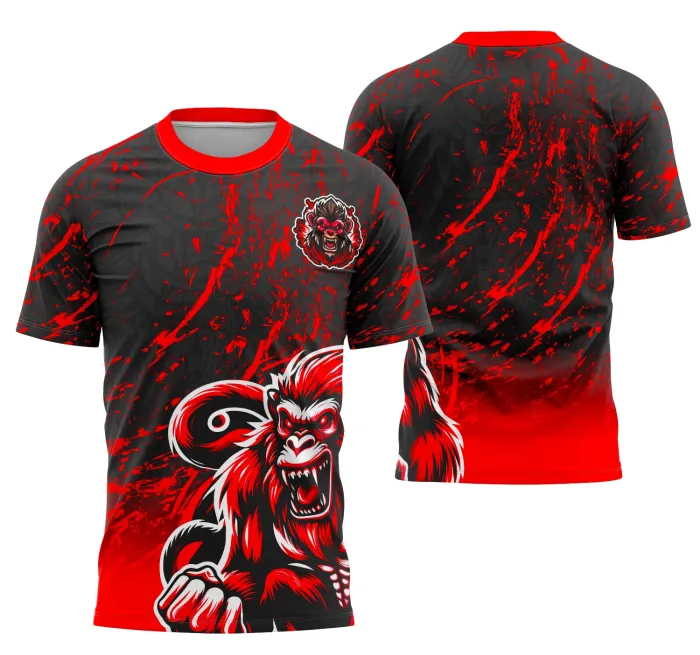 Camiseta unissex preta com logo no peito e estampa grande nas costas mostrando a equipe Macaco, estilo moderno e esportivo, ideal para usar em competições interclasse.