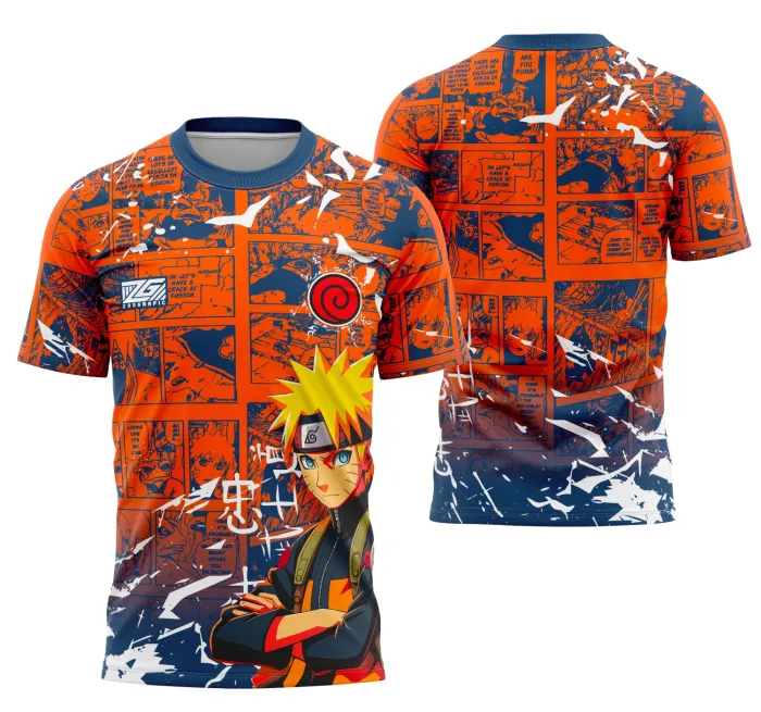 Camiseta unissex preta com logo no peito e estampa grande nas costas da equipe Naruto, ideal para fãs e eventos de times interclasse.