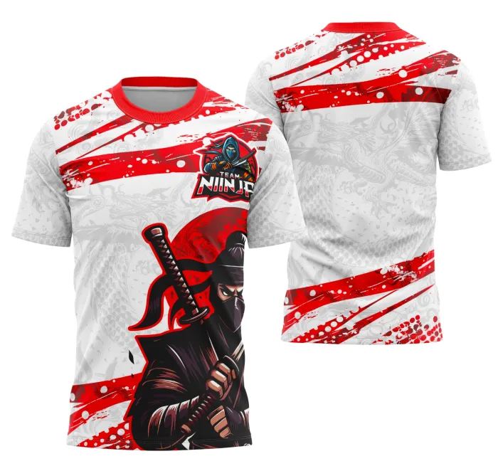 Camiseta unissex preta com logo no peito e estampa grande nas costas, tema Interclasse Equipe Ninja, perfeita para eventos e times que buscam estilo e personalidade marcante.