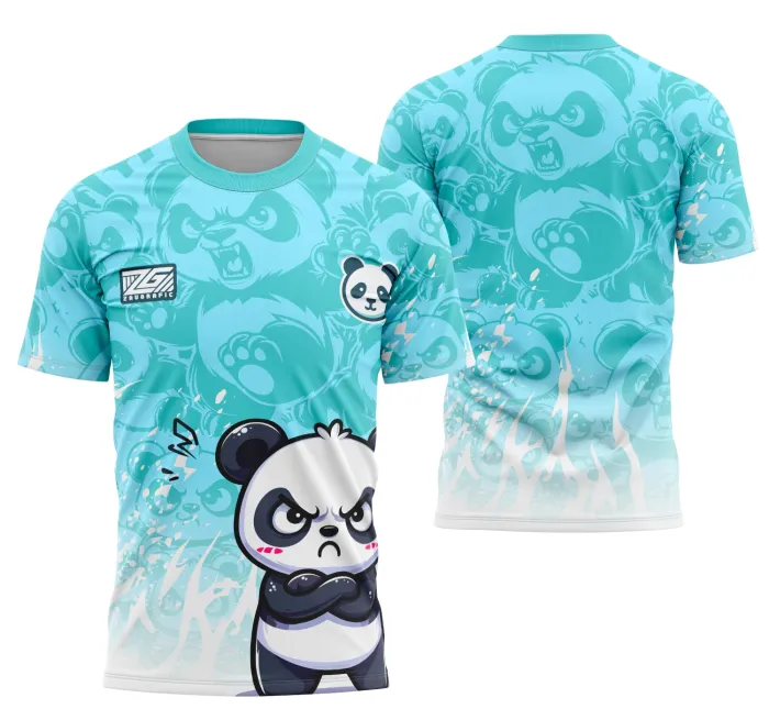Camiseta unissex preta com logo no peito e estampa grande nas costas da equipe Panda Fofo, design moderno e atraente para eventos escolares e equipes interclasse.