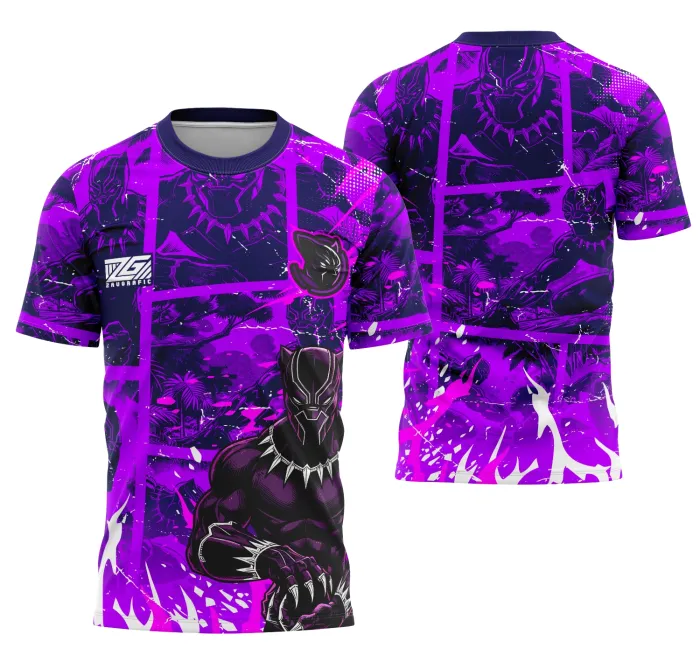 Camiseta unissex preta com logo no peito e estampa grande nas costas da equipe Pantera Negra, ideal para eventos interclasse e torcidas.