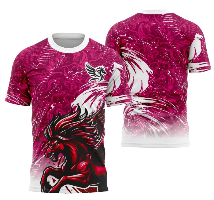 Camiseta unissex preta com logo no peito e estampa grande nas costas da equipe Pégaso do interclasse, ideal para uniformes e eventos escolares.