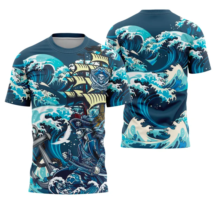 Camiseta unissex preta com logo no peito e estampa grande nas costas com tema Interclasse Equipe Pirata, estilo jovem e esportivo, perfeita para eventos e times interclasse.