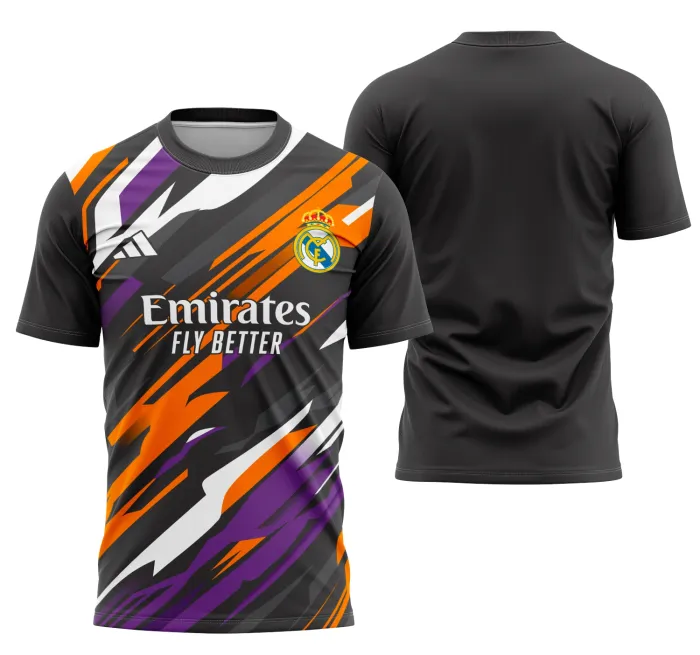 Camiseta unissex preta com logo no peito e estampa grande nas costas do tema Interclasse Equipe Real Madrid, ideal para torcida e eventos esportivos, estilo moderno e confortável.